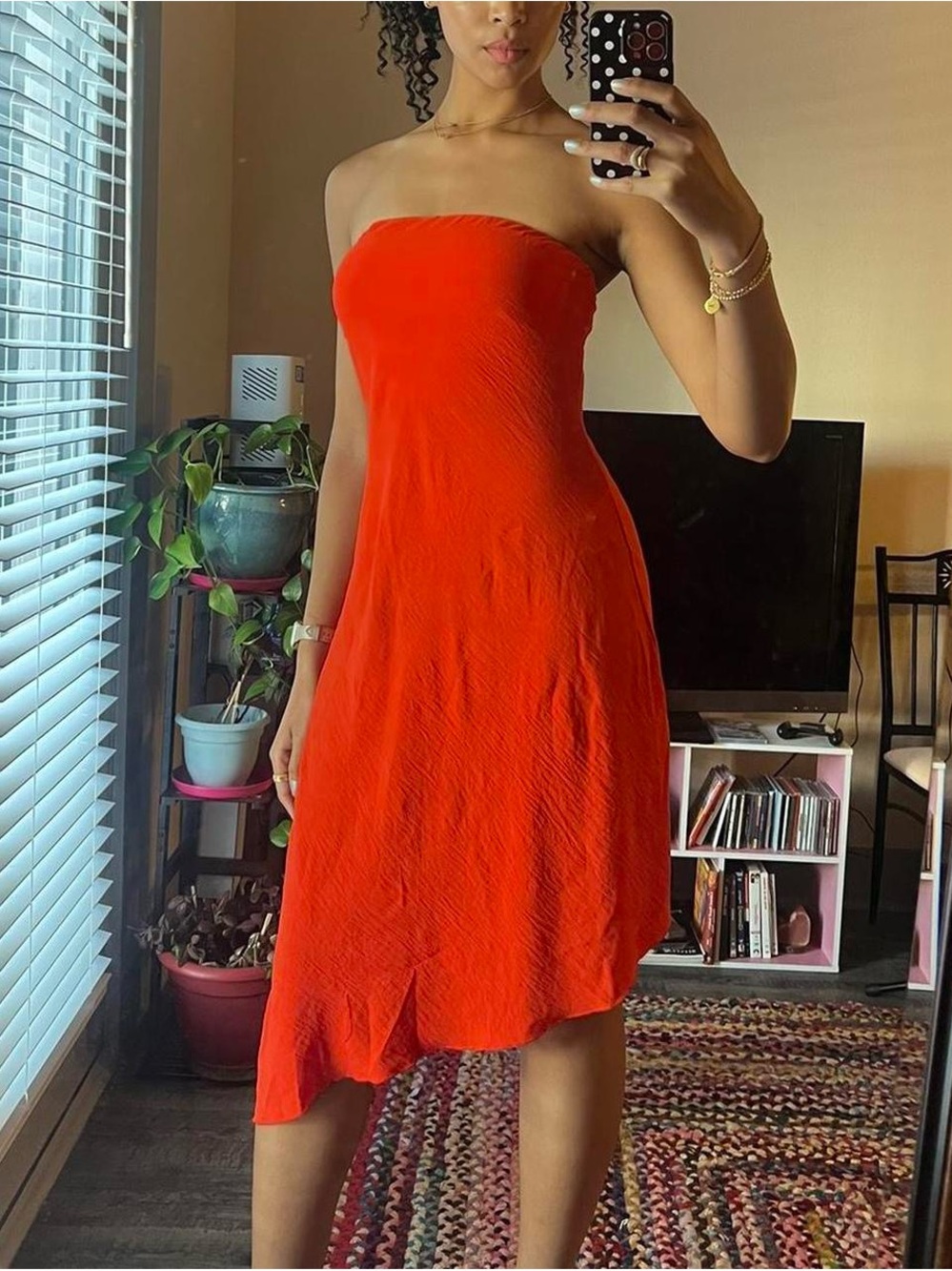 Bright orange midi dress / maxi skirt, asymmetrical hem, strapless